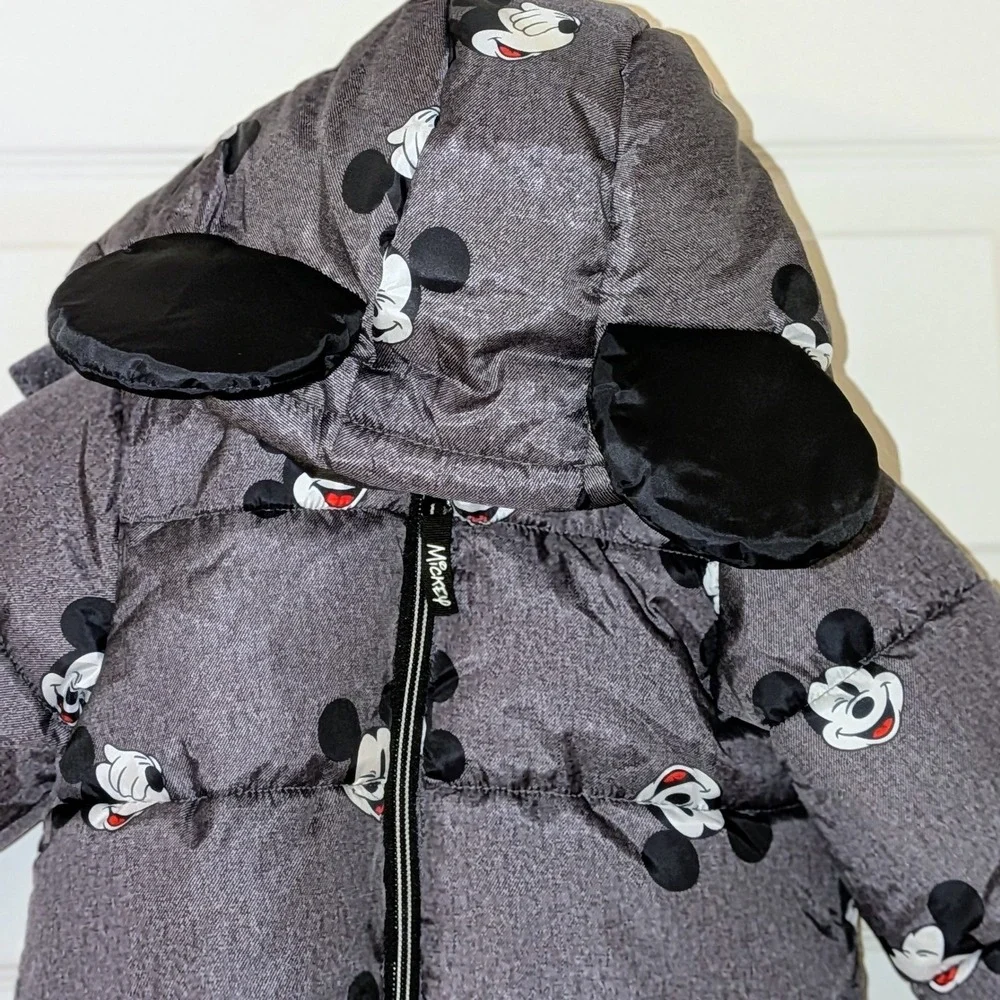 H&M Disney Mickey Mouse Puffer Jacket‎ Grey Hooded 3D Ears Toddler 18M Coat NWOT